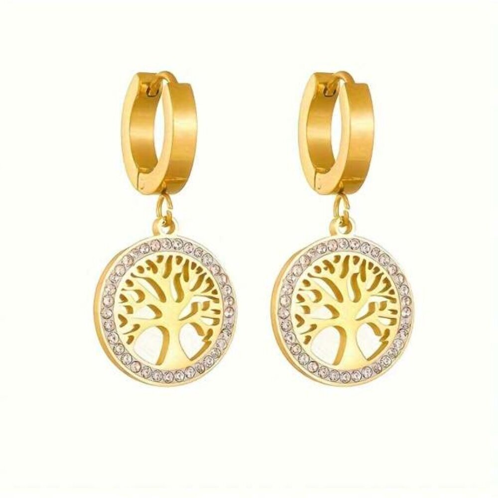 Tree of Life Crystal 18k Gold Hoop Earrings